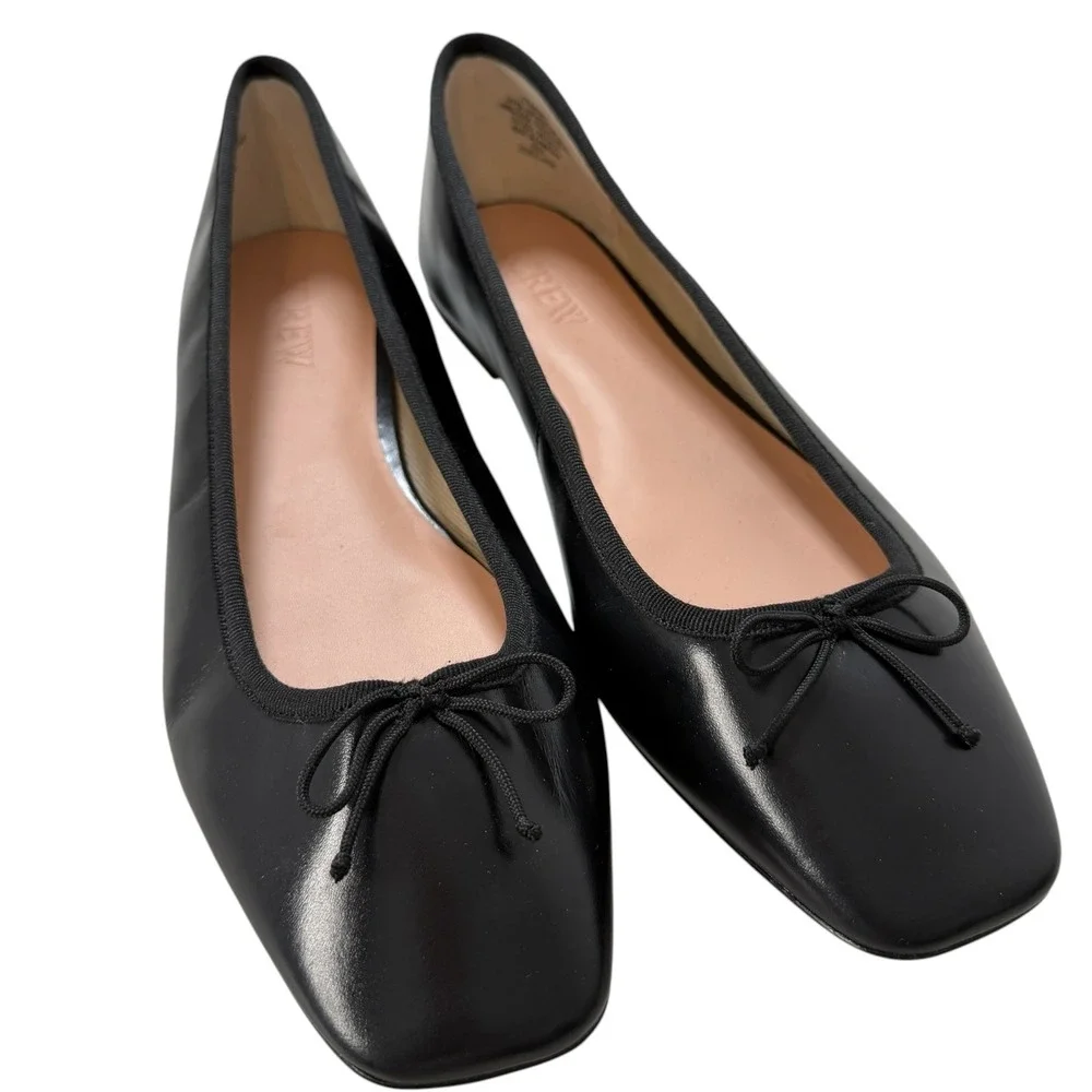 J.Crew Black Leather Square Toe Ballet Flats Sophie Bow Detail Shoes Women's 11